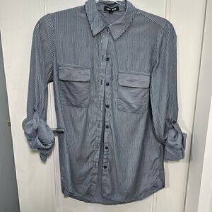 Express Women Shirt Navy White Vertical Striped Button Up Roll Sleeve Size XS TP